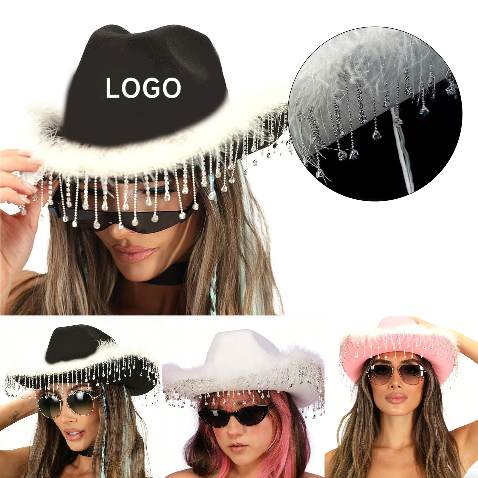 0 (1) Rhinestone Fringed Cowboy Hat - Image 1